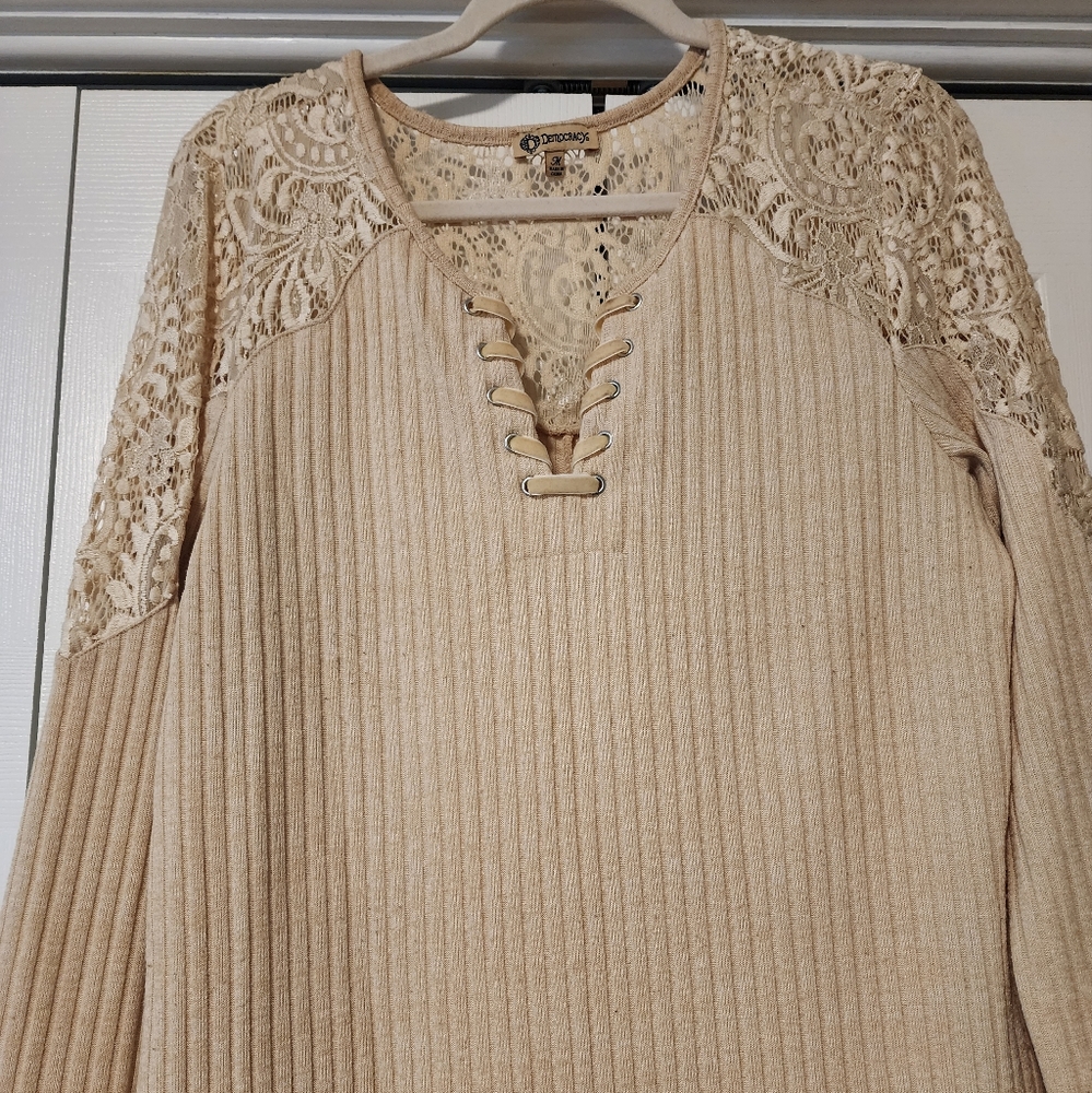Democracy top, size medium. Long sleeve. Tan.